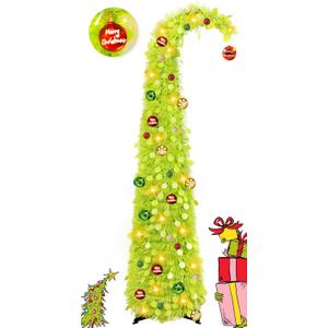 MACTING Whimsical Christmas Tree with Ball String Lights 5FT Green Pop Up Curved Tree with 15 Ball Lights & Hanging Ornaments Collapsible Tinsel Tree for Apartment Porch Indoor Xmas Halloween Decor