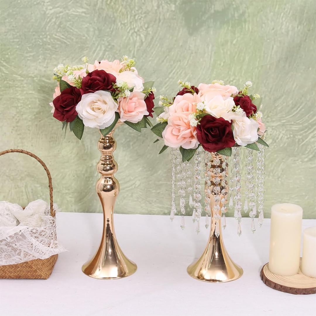 2Pcs Burgundy Blush Ivory Artificial flowers Flower Ball Arrangement Bouquet Fake Flowers Roses Balls for Centerpieces Tables Artificial Rose Arrangements for Wedding Centerpiece Table Decorations