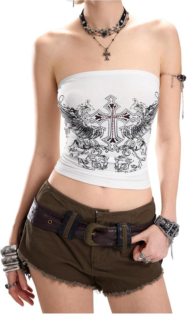 WDIRARA Women's Gothic Graphic Rhinestone Tube Top Strapless Grunge Punk Bandeau Crop Tops, Size: L