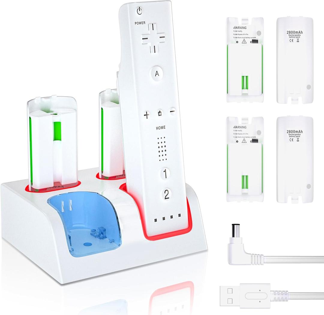 Wii Controller Charger and Rechargeable Battery - 4 Pack 2800mAh Wii Remote Battery Pack Rechargeable and Charging Station with USB Cable