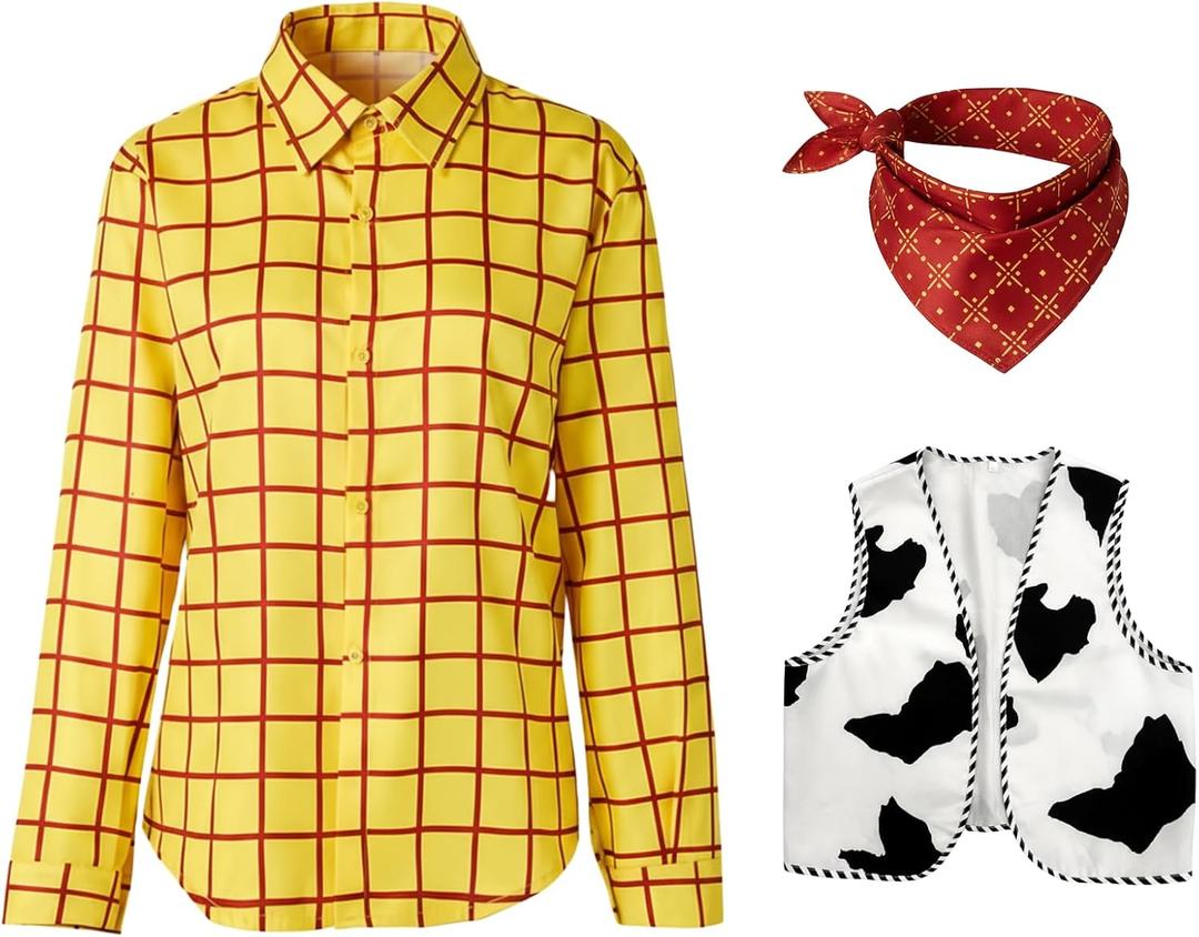 Adult Cowboy Costume, Halloween Costume for Men with Plaid Shirt, Cow Vest and Neckerchief (Small)