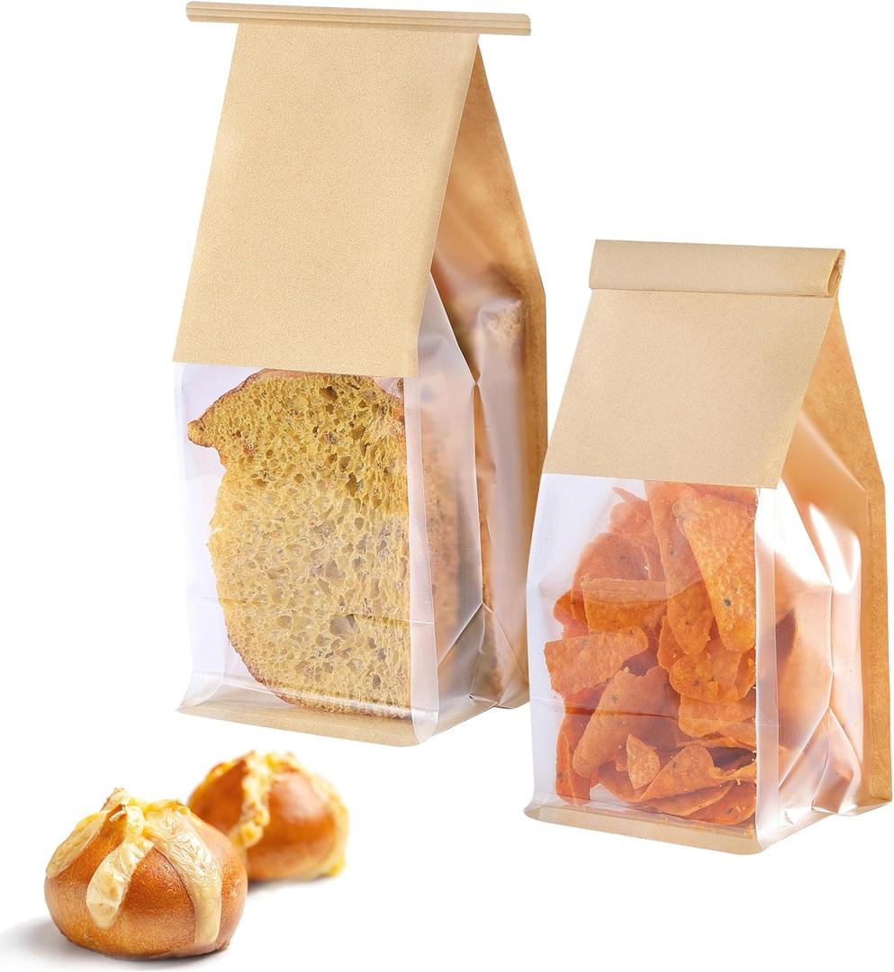 50 Pack Cookie Bags Packaging, DAJLFA Small Bakery Bags with Window, Tin Tie Tab Lock, Great for Muffin, Homemade Granola, Popcorn, Candies (3.9 * 3 * 9.2 Inches)