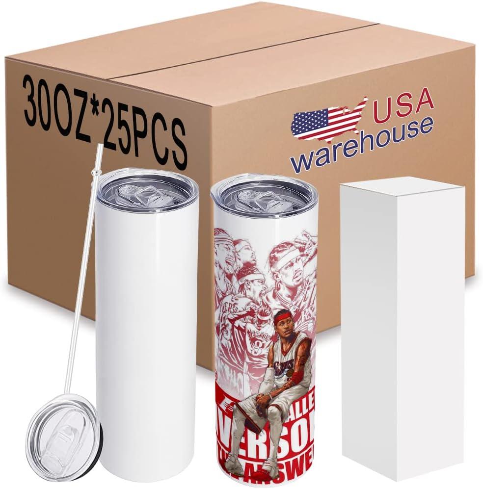25 pack 30 oz Sublimation Blanks Tumblers skinny with lid and straw
straight Double Wall coffee cups stainless steel travel Vacuum Insulated tumbler , White Metal mugs