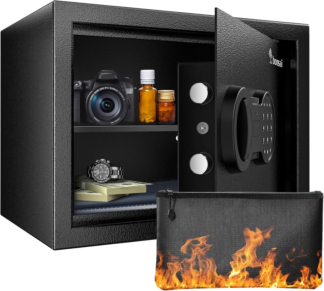 Bonsaii Safe Box with Fireproof Bag, Home Safe with Removable Shelf for Money Documents Jewelry Valuables, 0.6 Cubic Feet, 9.84"D x 13.78"W x 9.84"H, Black