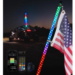 Xprite 1PC 4FT RGBW LED Whip Light with Spring Base, App & Remote Control Chasing Antenna Lighted Whips, Compatible with SXS ATV UTV Polaris RZR Can-am Buggy Trucks Jeep