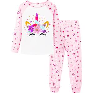 Mikrdoo Girls Pajamas Kids Soft Cute Cotton Long Sleeve 2 Piece Stretchy Snug Fit Pjs Set for Girls Size 4-14Y (7 Years, Pink Star Unicorn)