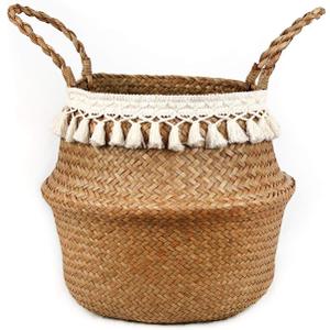 Boho Woven Seagrass Belly Basket for Storage Plant Basket or Toy Basket Living Bathroom (Large, Beige)