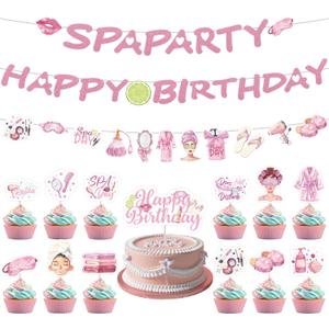 Spa Birthday Party Decorations, 28 Pcs Spa Banner, 1 Cake Toppers & 24 Cupcake Picks for Girls' Pampering Theme Celebration, Sleepover Party Supplies