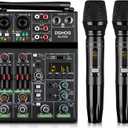 Professional Audio Mixer, 4 Channel Sound Mixer With Dual Wireless Mic, Sound Board Console MP3 Bluetooth 48V Phantom Power USB Interface DJ Mixing for Home Karaoke Party Computer Studio Recording