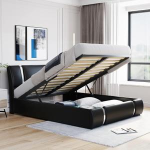 Queen Size Lift Up Storage Bed Frame,Upholstered Faux Leather Queen Platform Bed,No Box Spring Needed,Hydraulic Storage System for Kids Teens Adult,for Bedroom Apartment,White