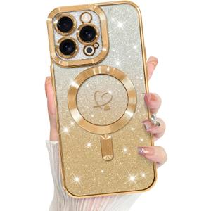 Bonoma Compatible with iPhone 13 Pro Case Support for MagSafe, Plating Heart Glitter Magnetic 2* Screen Protector TPU Camera Protection Back Cover for Girls Women -Gold