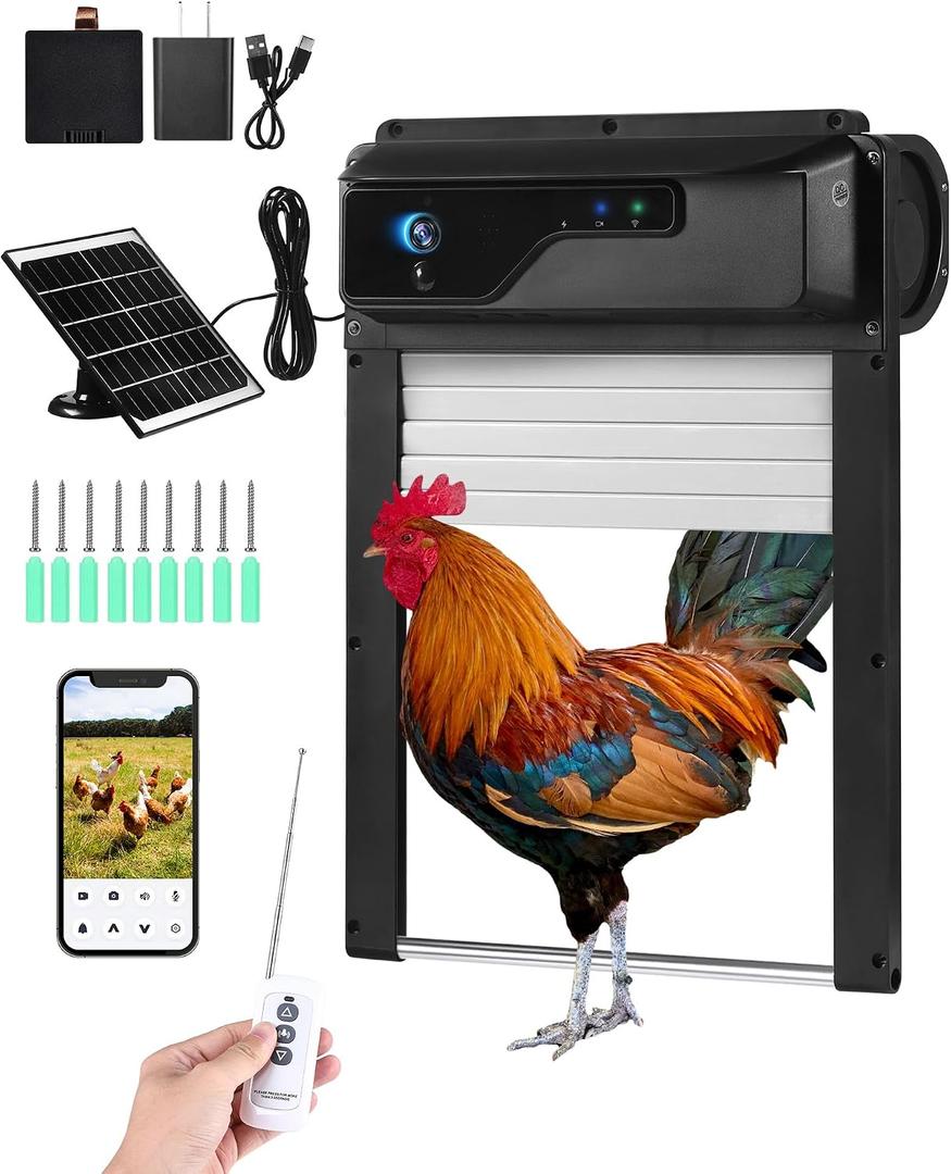 Automatic Chicken Coop Door with HD Camera, Solar Powered, 5000mAh Battery, WiFi App Remote Control & Timer, Night Vision, Anti-Pinch Sensor, Motion Alarm for Poultry Coop (Black)