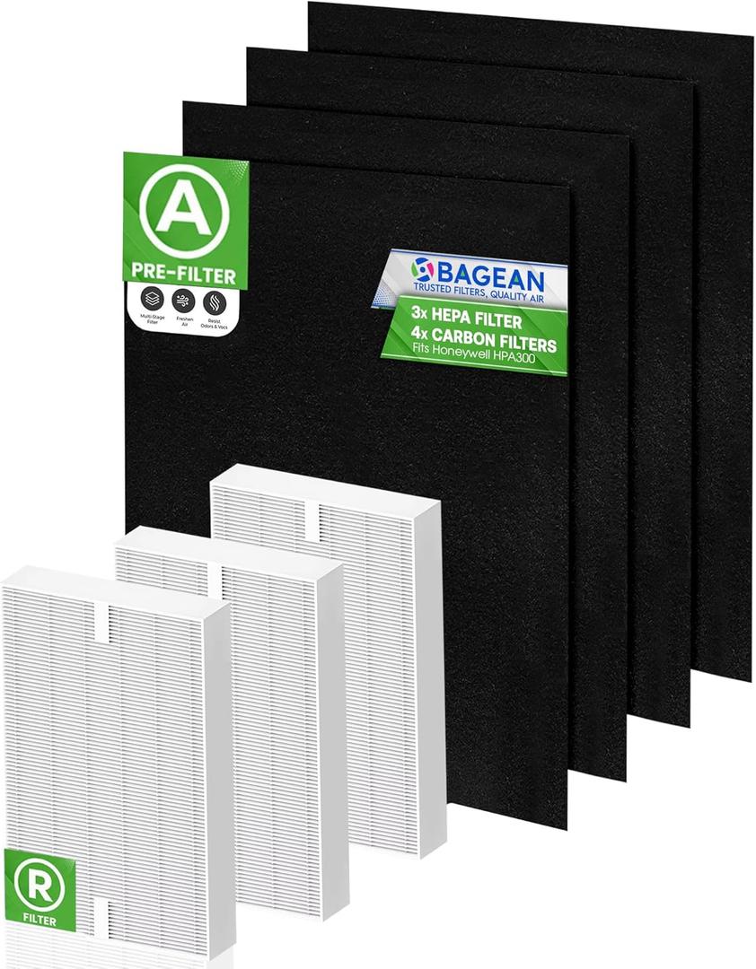 Bagean HPA300 Filter R Compatible with Honeywell Air Purifier Filter Replacement - HRF R3 A Fits HPA5300B - H13 True HEPA with Carbon Filters 99.98% Particles & Purifies Air (3 HEPA + 4 Carbon)