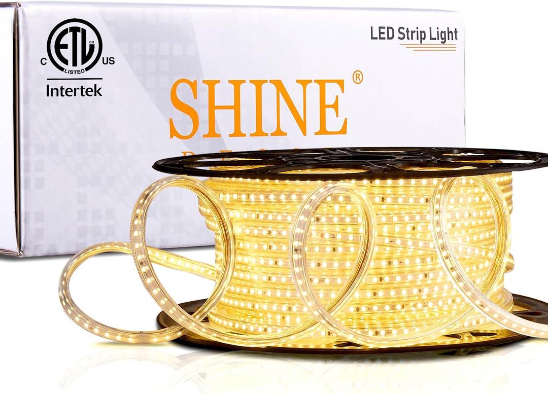 Shine Decor LED Strip Light 150FT 120VAC, Super Bright 19012 Lumens Dimmable, IP65 Waterproof for Outdoor Indoor, 3000K Warm White Every 1.6ft Cuttable Proselect Lighting Strip, 6x10mm ETL Listed