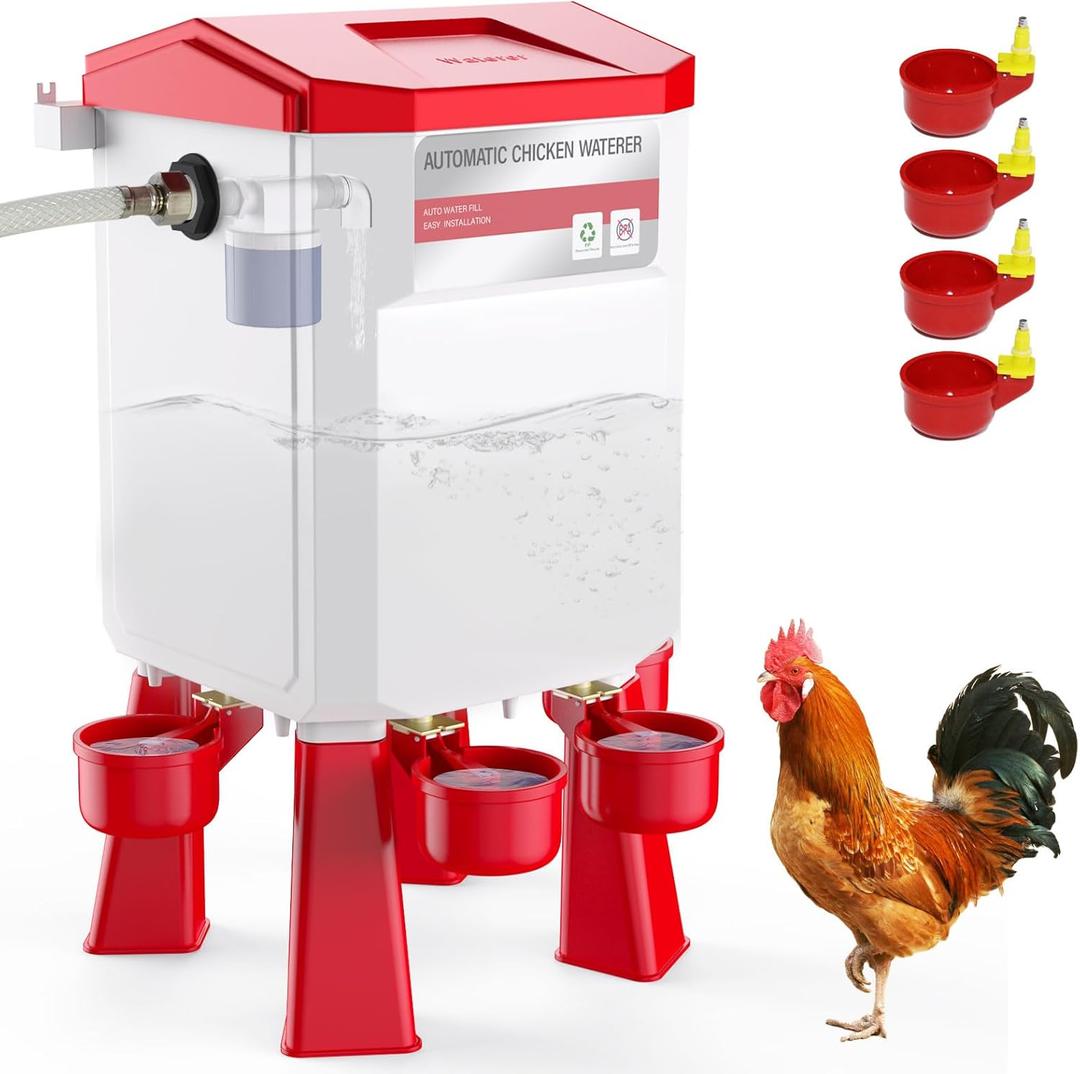 Float-Controlled Automatic Chicken Waterer, Blue Chicken Waterer with 4 Water Cups 13Ft Hose, Poultry Water Feeder for Duck, Quail, Geese, Chicken Supplies, 2 Gallons (Red)