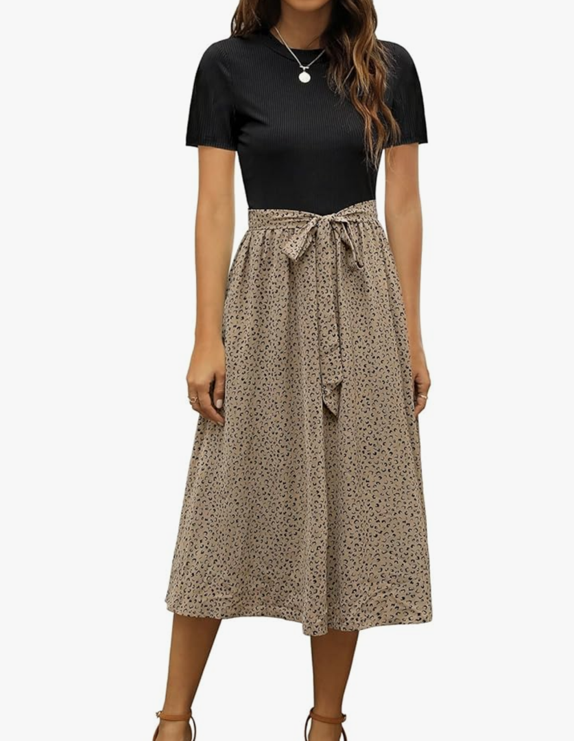 Zattcas Women 2025 Summer Dress Short Sleeve Ribbed Teacher Church Modest Business Casual Work Outfits Midi Dress.S