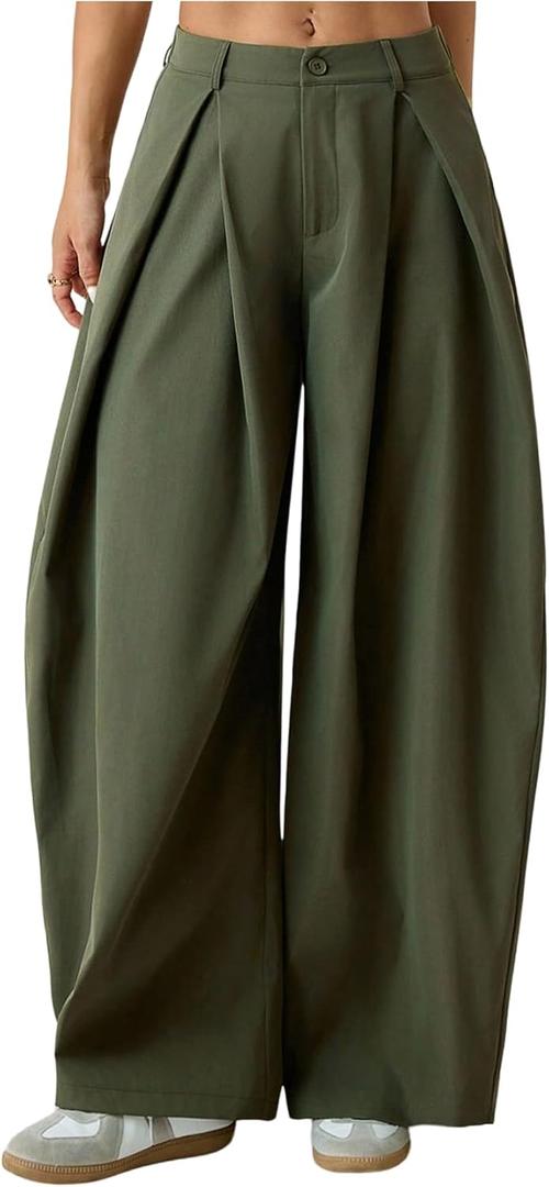 GORGLITTER Women's Barrel Pleated Oversized Wide Leg Cargo Pants (Green, M)