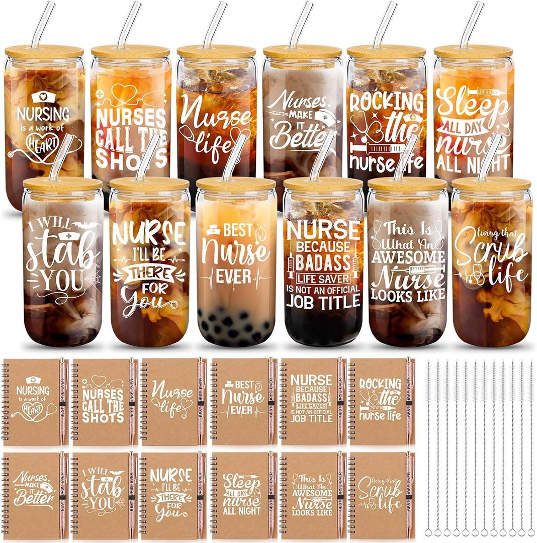 Funnymoom 36 Pcs Nurse Appreciation Gifts Set for Women Thank You Gift with Inspirational A6 Leather Journal 16 oz Glass Cup and Glitter Ballpoint Pen Cna Nurse Week Gifts