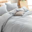 BESTOUCH Duvet Cover Set 100% Washed Cotton Linen Feel Super Soft Comfortable Chic Lightweight 3 PCs Home Bedding Set Solid Cornflower Blue Oversized King