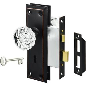 Mortise Lock Set for Interior Door, Vintage Door Knobs with Lock and Skeleton Key, Crystal Glass Door Knobs, Oil Rubbed Bronze Finish