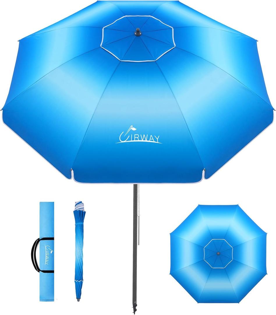 UIRWAY Beach Umbrella, Heavy Duty Windproof Beach Umbrellas with Sand Anchor & Tilt, Sun Protection Portable Beach Umbrella with Carrying Bag for Beach, Patio Garden Pool Outdoor