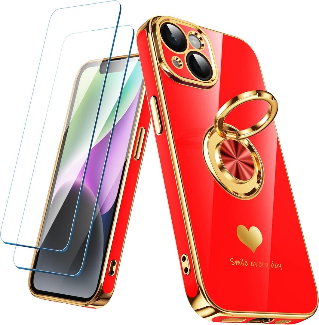 Compatible for iPhone 14 Case with 2 Pack Screen Protector, 360 Rotatable Ring Holder [Luxury Hearts Pattern] Plating Gold Edge Slim Soft Phone Cover Case for iPhone 14 - Red