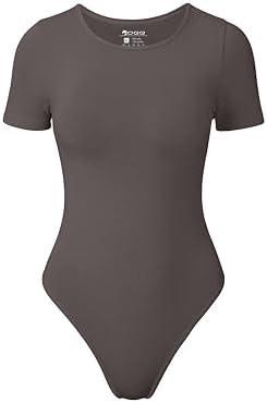 OQQ Womens Bodysuits Crew Neck Short Sleeve BasicStretch Classic-Fit Tops Sexy Bodysuits Tea leaf, XL