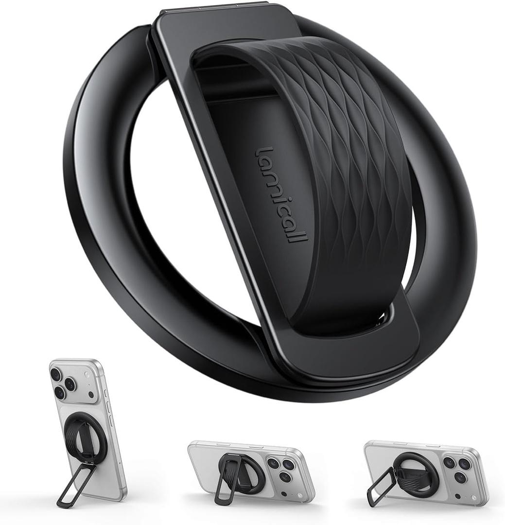 Lamicall Magnetic Phone Grip Holder for MagSafe - [Soft Silicone Loop] Vertical Cell Phone Zinc Alloy Ring Stand Kickstand, Magnet Finger Grip for iPhone 17/16/15/14/13/12 Series, Other Use Metal Ring
