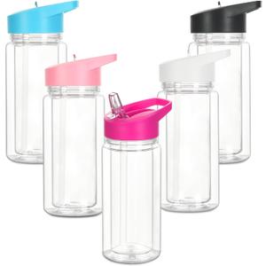 5 Pack 10 Oz Plastic Snow Globe Tumbler for Kids with Pre-Drilled Hole and Plug, Leak Proof Double Wall Snow Globe Sports Water Bottles with Portable Handle for Glitter DIY Gift, Mixed Color