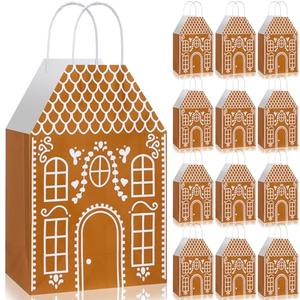 Kolldenn 24 Pcs Christmas Gingerbread House Gift Bags with Handles House Gingerbread Shaped Treat Candy Goodies Paper Bags Bulk Winter Snow Wrapping Paper for Christmas Holiday Party Favor(Classic)