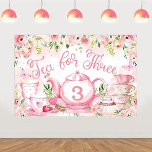 Tea Party 3rd Birthday Decorations, Tea for Three Birthday Decorations Backdrop Banner for Floral Tea Party Decorations Photography Background Boy Girl 3 x 5 ft