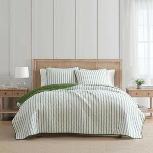 Martha Stewart - King Quilt Set, 100% Soft & Breathable Bedding with a Lightweight Feel for Year Round Comfort, 3 Piece Bed Set with Matching Pillowcases (Ticking Stripe Green)