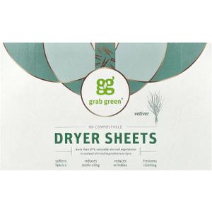 Grab Green Dryer Sheets, 80 Sheets, Vetiver Scent, Plant and Mineral Based, Compostable, Softens Fabrics, Reduces Static Cling and Wrinkles (80 Count (Pack of 1))