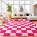 Checkered 8x10 Area Rugs for Living Room, Ultra Soft Fluffy Large Shaggy Rug Carpet for Bedroom, Non-Slip Fuzzy Plush Rugs for Nursery Boys Girls Kids Room Modern Indoor Home Decor, Pink and Hot Pink