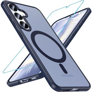 OWKEY for Galaxy S24|S25 Case 6.2'',Magnetic Samsung Galaxy S24/S25 Case for Magsafe with Tempered Glass Screen Protector, [Shockproof Military] Translucent Back Slim Bumper Cover S24 S25 Case, Blue