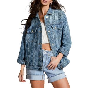 Sidefeel Women's Jean Jacket Oversized Boyfriend Button Up Long Sleeve Textured Denim Jackets (Light Blue)