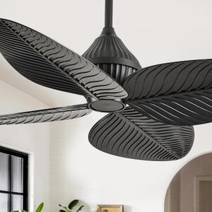 52" Black Tropical Ceiling Fans, Flush Mount Palm Leaf Ceiling Fan no Light, Indoor Ceiling Fans Without Light for Living Room Bedroom Kitchen Covered Gazebo, APP and Remote Control