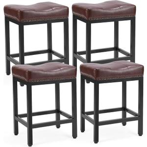 DUMOS Saddle Bar Stools Set of 4, 24 Inch Counter Height Stools with Curved PU Leather Surface, 3.7" Thick Upholstery Bar Height Stools with Footrest for Kitchen Island, Dining, Cafe, Modern Brown