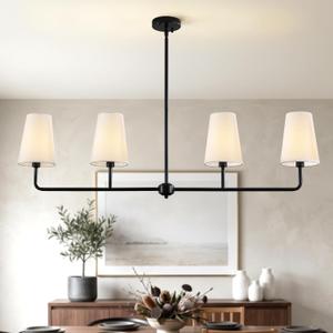 47.6" Large Linear Pendant Light, 4-Light Kitchen Island Lighting with White Linen Shades, Modern Matte Black Farmhouse Chandelier for Dining Room Over Table, Sloped Ceiling Adaptable, 47.63"
