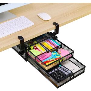 ROSYLINE Under Desk & Desktop Drawer Organizer - 2-Tier Metal Slide Out Drawers Organizer, Storage for Home Office Desk (Black)
