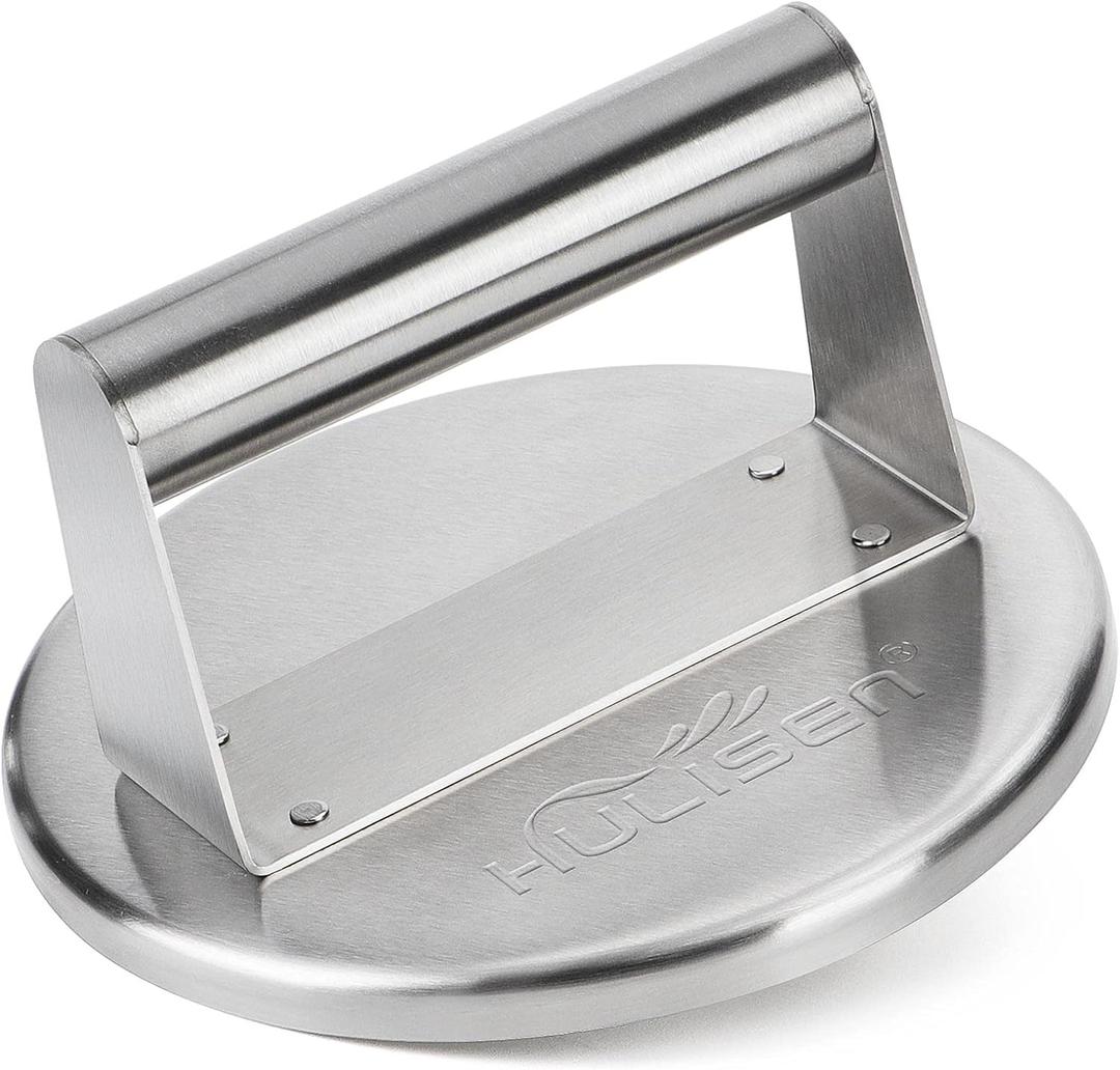 HULISEN Burger Press with Lip, Stainless Steel Burger Smasher, 6 Inch Hamburger Grill Press for Flattening Hamburger Patty, Smashing Burger, BBQ Griddle Cooking Tool, Griddle Accessories Kit