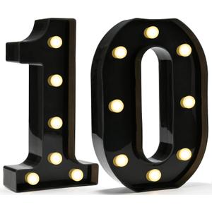 Pooqla Decorative Led Light Up Number Letters, Black Plastic Marquee Number Lights Sign for 10th Birthday Party Wedding Decor Battery Operated Black Decoration 10