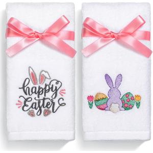 Easter Hand Towels 100% Cotton Embroidered Happy Easter Bunny Decorative Bathroom Kitchen Dish Towels Set Gift Set of 2 14x29 inch (Est.gnome)