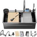 Kiamates 33 Inch Black-Grey Nano Kitchen Sink and Waterfall Faucet, 33x19x8 Single Bowl Stainless Steel Workstation Kitchen Sink with Digital Display and Faucet Combo Set