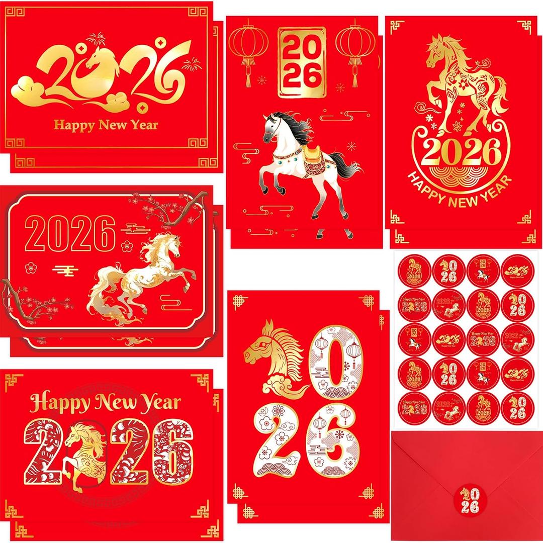 ceiba tree Chinese New Year Cards 12Pcs Lunar Year of the Horse 2026 Gold Foiled Greeting Cards with Red Envelopes 5 x 7 Inch Happy Lunar New Year Notecards New Years Eve Party Supplies