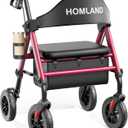 HOMLAND Walkers for Seniors with Seat, Foldable Rollator Walker, Reinforced Aluminum Frame, 8" Big Rubber Wheels for All Terrain, Height Adjustable Lightweight Rolling Walker (Standard, Red)