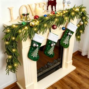 Christmas Garlands 9FT Artificial Norfolk Pine Garland with 100LED Light Fake Winter Pine Needles Greenery Garlands for Table Mantle Fireplace Wall Porch Indoor Outdoor Christmas Decor (Warm White)