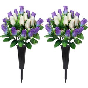 2 Sets Artificial Cemetery Flowers with Vase Memorial Flowers Bouquet & Heavy-Ground Spike Vases Fade-Proof, Windproof Grave Memorial Flowers for Cemetery Headstones Decoration (purple white)