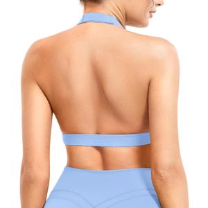 YEOREO Roxanie Women Halter Sports Bra Scoop Neck Removable Padded Open Back Yoga Workout Crop Tank Top (Large, Ice Blue)