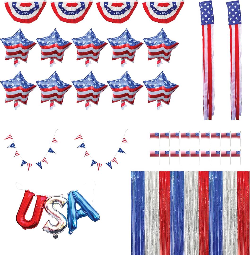 45 PC 4th Of July Decorations, USA Independence Day Patriotic Dcor Set, American Bunting & Windsock Flags, Red White & Blue Streamer Backdrop, 10 Aluminum 1 USA Balloon, 2 Garland 8.2, 18 flags
